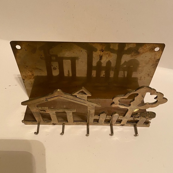 Vtg Brass House Shaped Key Hooks Wall Hanging & Mail Holder - Picture 4 of 4